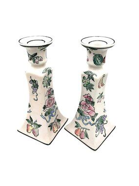Taper Candle Holders Chinoiserie Hand Painted Vintage Floral Pastel Pair 8.3 In
